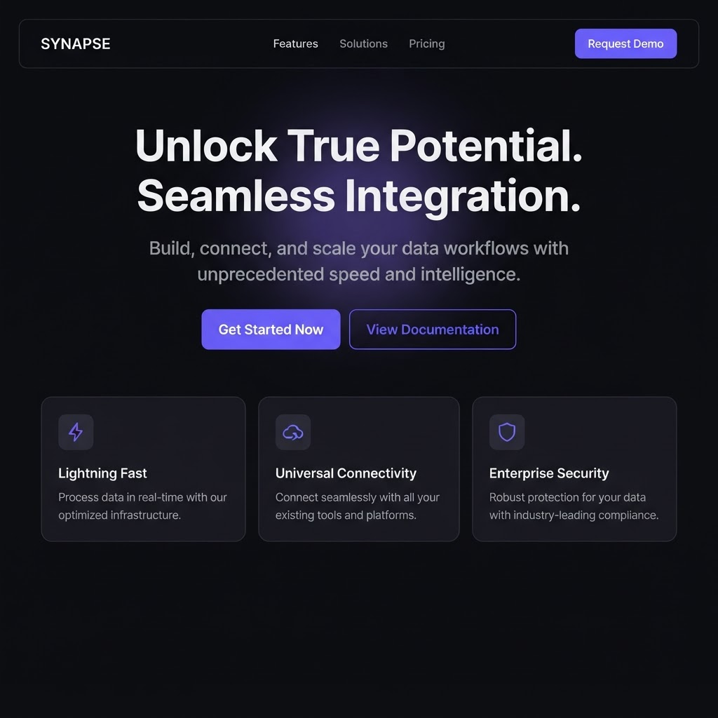 A dark-mode SaaS landing page built by SolidStack, showing a headline, call-to-action buttons and three feature cards